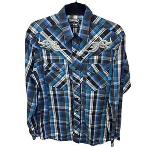 Panhandle Slim Mens Blue‎ Plaid Embroidered Cross Western Snap Shirt Medium